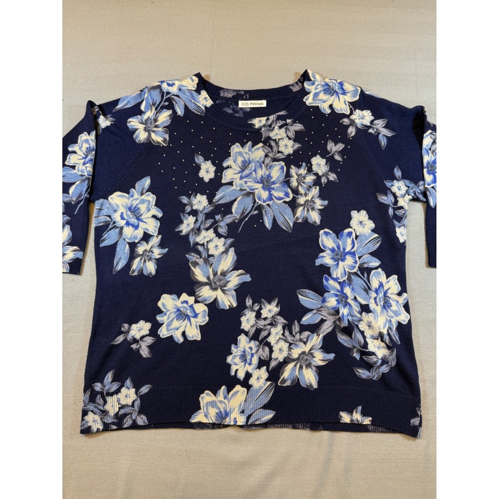 C.D. Petites Navy Blue Floral Studded Knit Sweater 3/4 Sleeve Crew Neck Top 1941